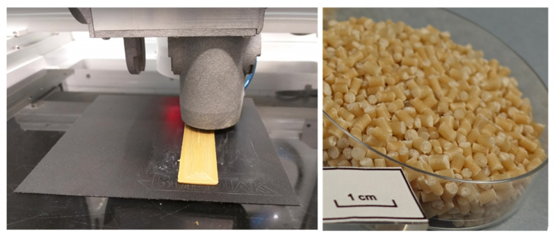Figure 1. The Granu Tool print head in action (left) and cellulose-based granules used in the 3D printing process (right).